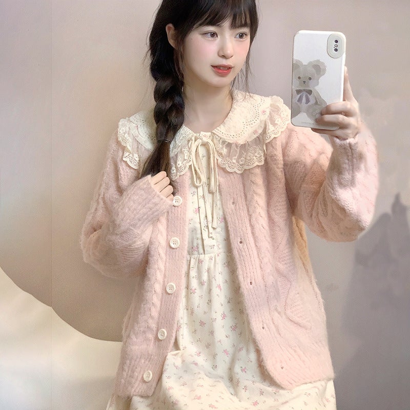 Japanese Sweet Cardigan and Floral Dress Set [suit] dress pink cardigan