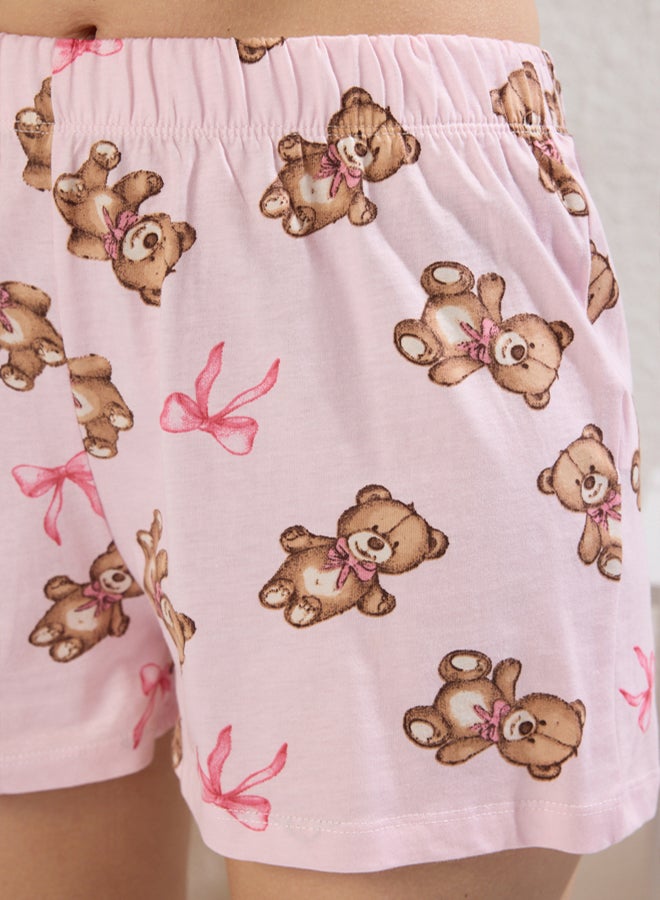 trendyol Pink % Cotton Teddy Bear and Ribbon/Bow Shorts Knitted Pajama Set - Image 4