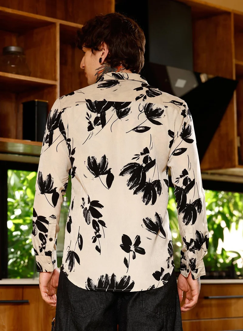 Campus Sutra Campus Sutra Men Flora-Stroke Imprint Shirt | Spread Collar Long Cuffed Sleeves | Button Closure Curved Hem | Floral-Print Plain | Woven Fabric For Casual & Daily Wear | Ecru Beige & Midnight Black