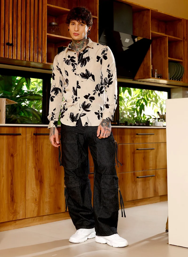 Campus Sutra Campus Sutra Men Flora-Stroke Imprint Shirt | Spread Collar Long Cuffed Sleeves | Button Closure Curved Hem | Floral-Print Plain | Woven Fabric For Casual & Daily Wear | Ecru Beige & Midnight Black