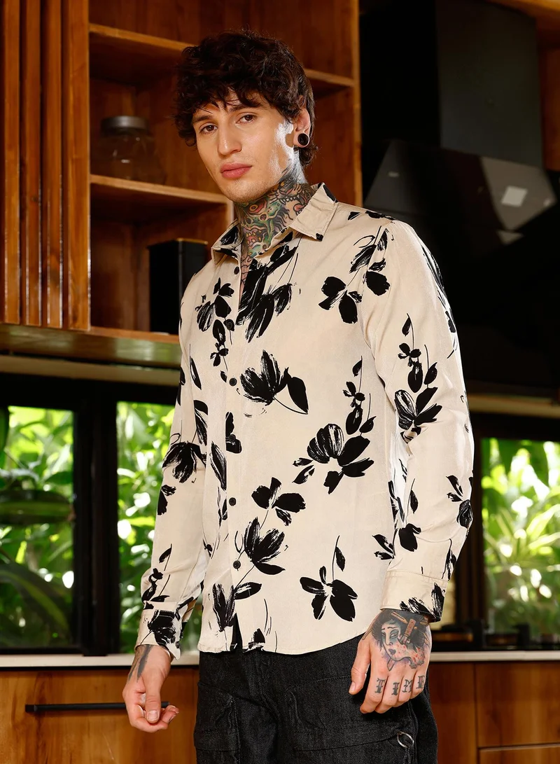 Campus Sutra Campus Sutra Men Flora-Stroke Imprint Shirt | Spread Collar Long Cuffed Sleeves | Button Closure Curved Hem | Floral-Print Plain | Woven Fabric For Casual & Daily Wear | Ecru Beige & Midnight Black