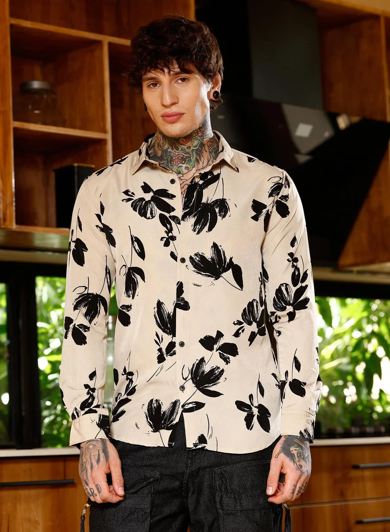 كامبوس سوترا Campus Sutra Men Flora-Stroke Imprint Shirt | Spread Collar Long Cuffed Sleeves | Button Closure Curved Hem | Floral-Print Plain | Woven Fabric For Casual & Daily Wear | Ecru Beige & Midnight Black