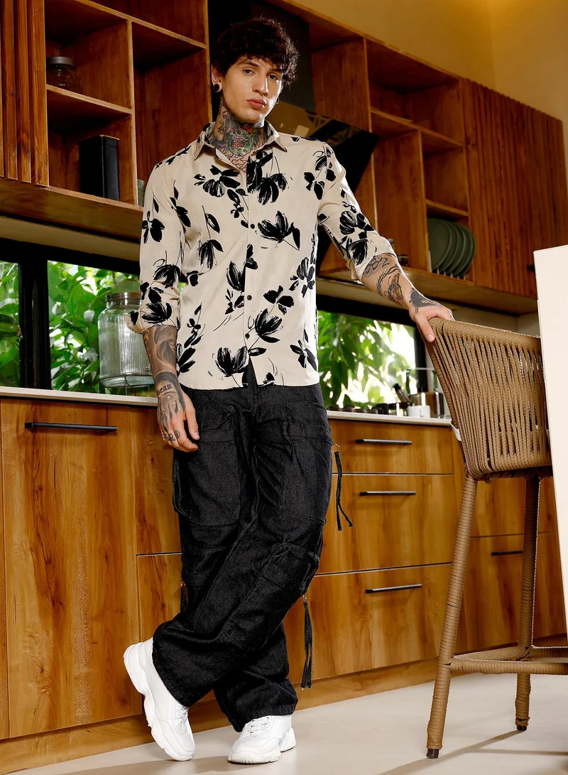 Campus Sutra Campus Sutra Men Flora-Stroke Imprint Shirt | Spread Collar Long Cuffed Sleeves | Button Closure Curved Hem | Floral-Print Plain | Woven Fabric For Casual & Daily Wear | Ecru Beige & Midnight Black