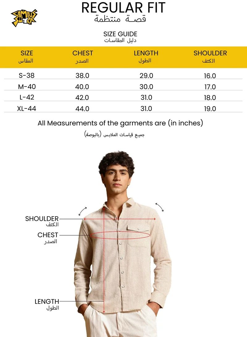 Campus Sutra Campus Sutra Men Flora-Stroke Imprint Shirt | Spread Collar Long Cuffed Sleeves | Button Closure Curved Hem | Floral-Print Plain | Woven Fabric For Casual & Daily Wear | Ecru Beige & Midnight Black