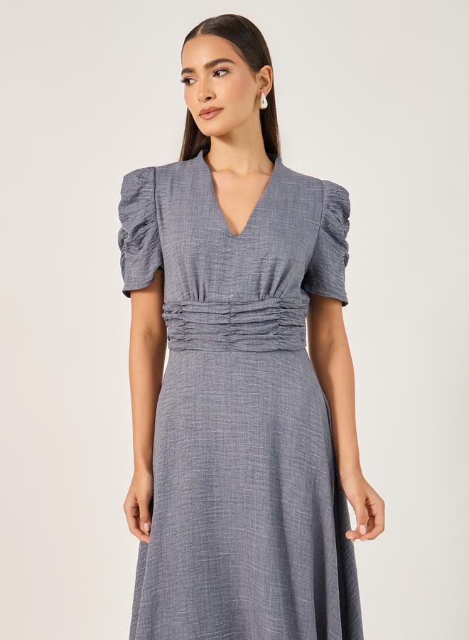 Styli Textured Ruched Sleeves A-Line Midi Dress - Image 3