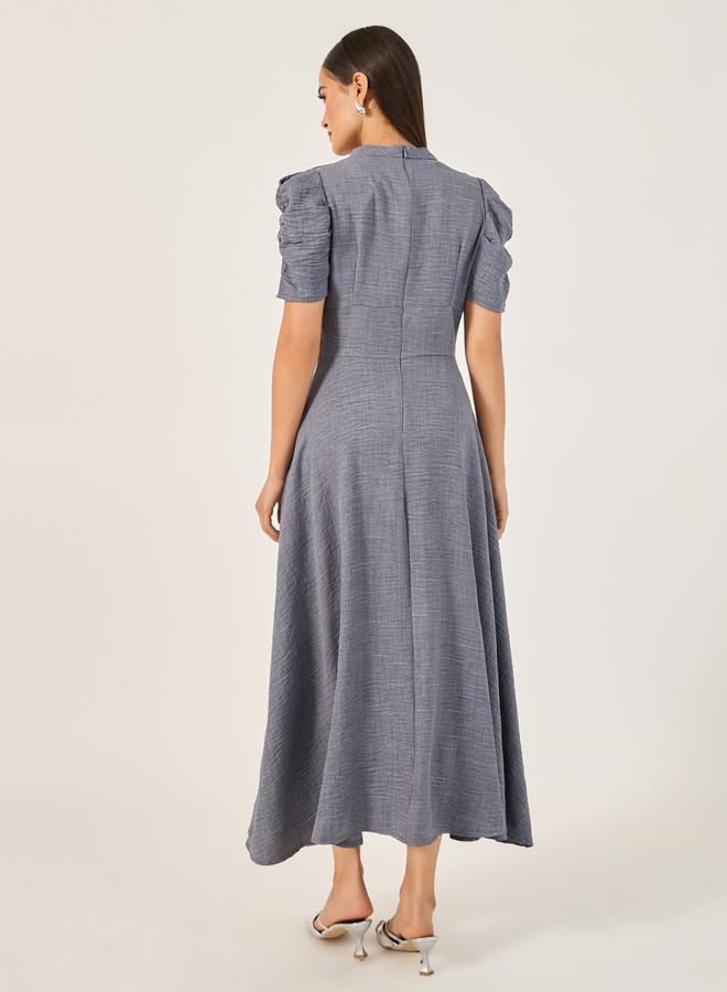 Styli Textured Ruched Sleeves A-Line Midi Dress - Image 5