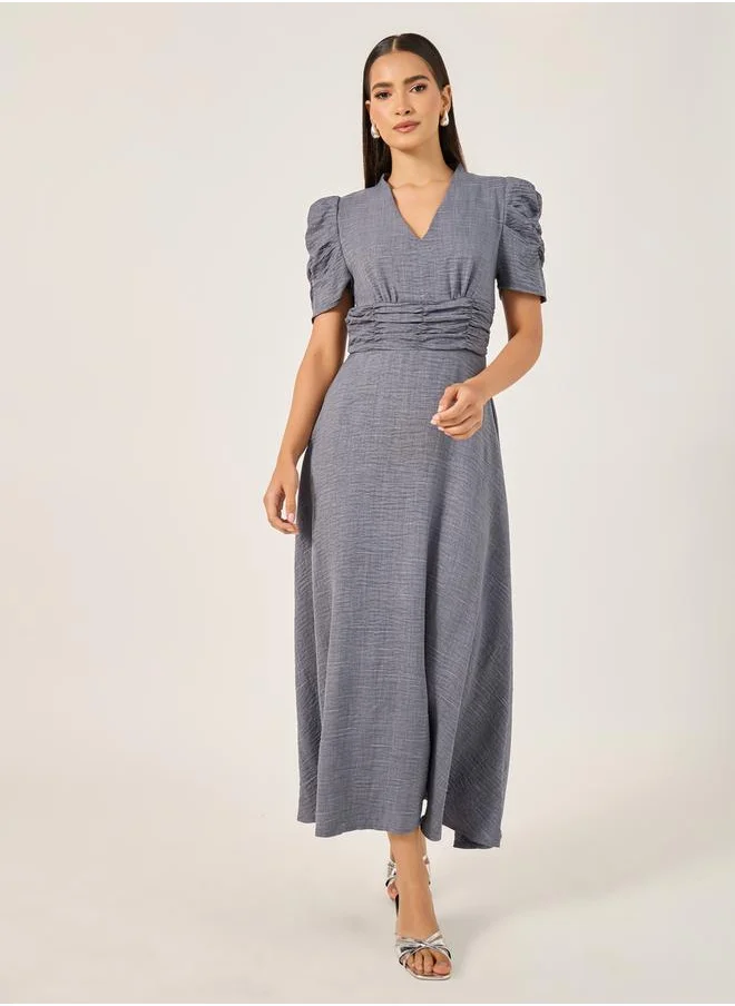 Styli Textured Ruched Sleeves A-Line Midi Dress