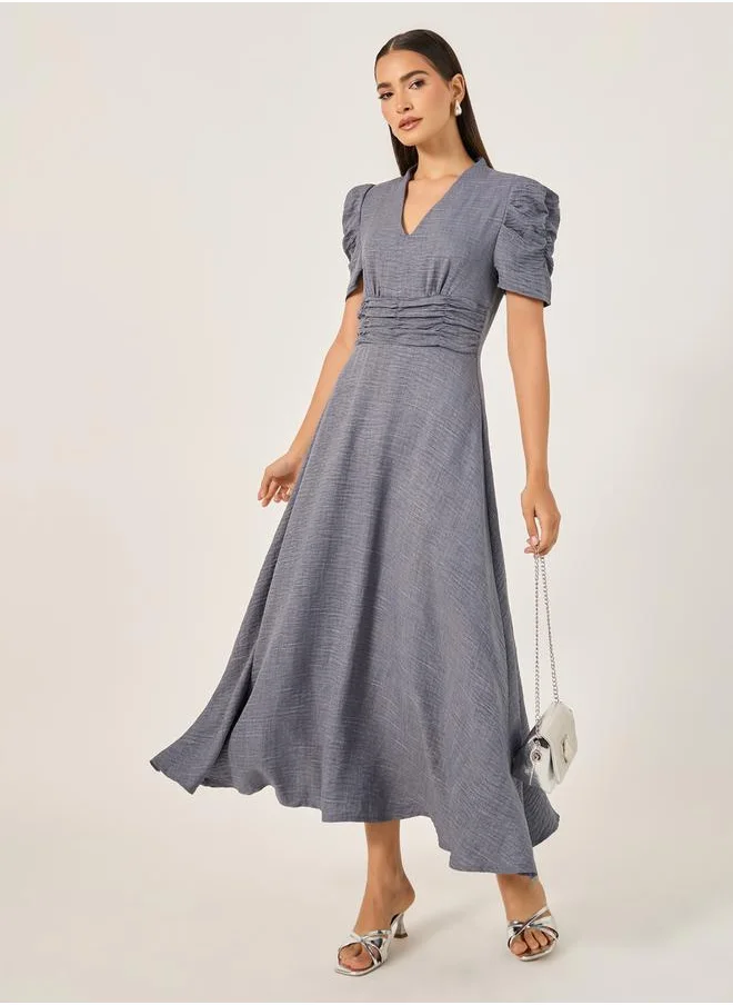 Styli Textured Ruched Sleeves A-Line Midi Dress