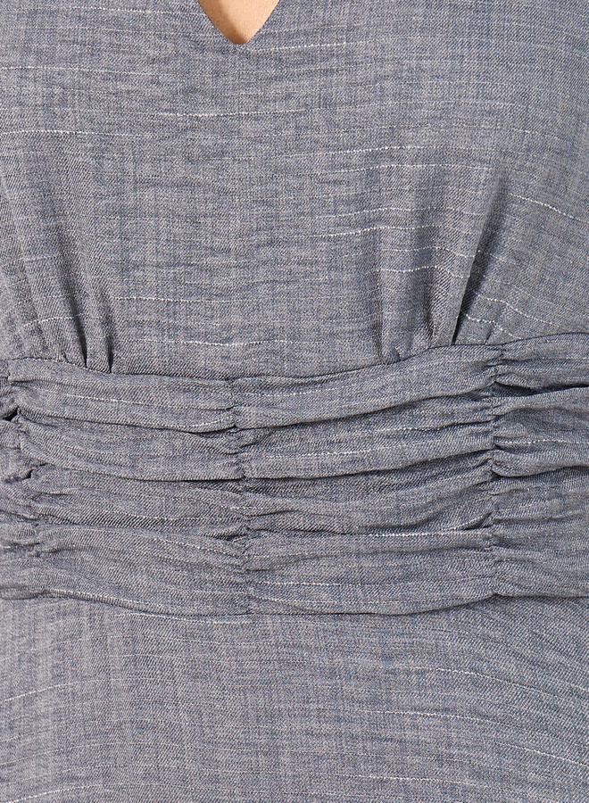 Styli Textured Ruched Sleeves A-Line Midi Dress - Image 4