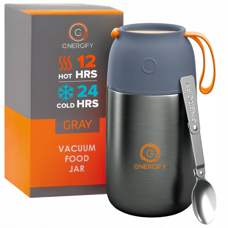 ENERGIFY Vacuum Insulated Food Jar Large 24oz Bowl incl Folding Spoon Cup Wide Mouth Keep Hot Cold Drinks Soup Lunch Container for Adults BPAFree Stainless Steel Leak Proof Grey