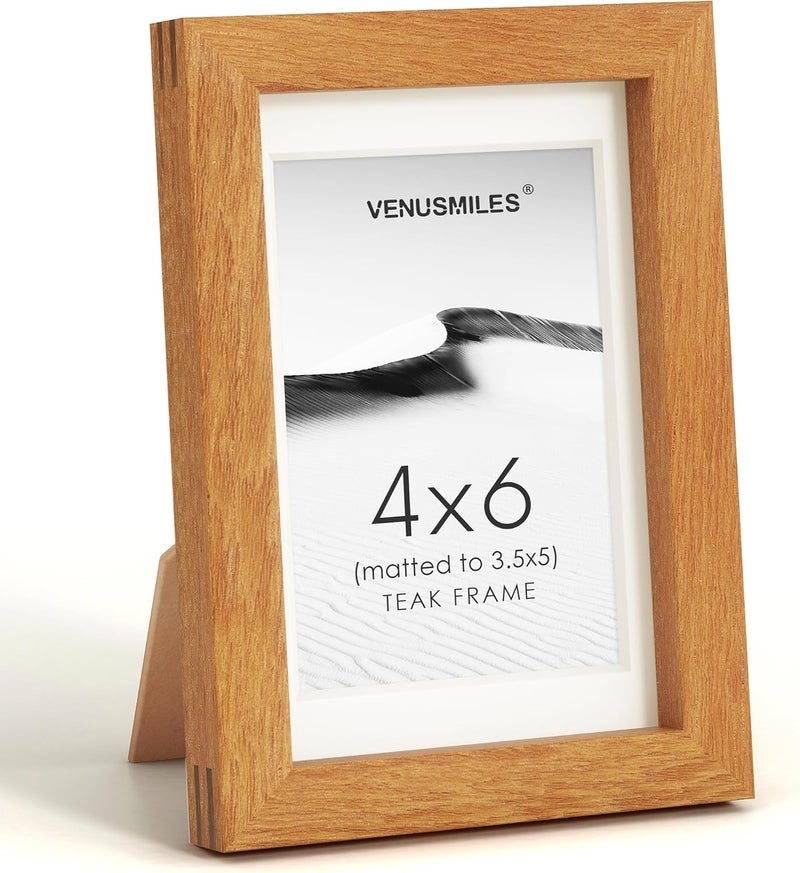 Venusmiles إطار صور 4x6 بوصة، خشب تيك طبيعي من الولايات المتحدة، إطار صور مجمّع مع زجاج مقسّى عالي الوضوح، إطار خشبي بسيط حديث 4x6 مع حافة داخلية مقاس 3.5x5، إطارات جدارية للفن، عرض على الحائط أو الطاولة - Image 1