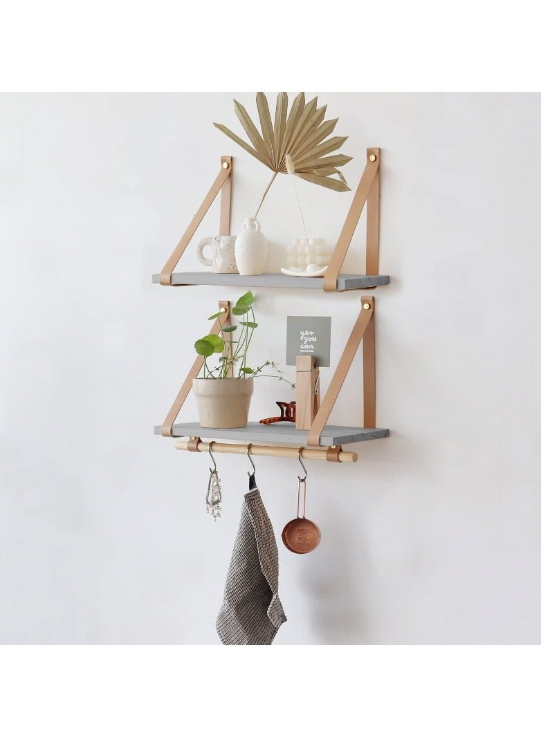 Home Gallery PU Biege Leather Strap Wall Floating Shelves  Gray - Image 1