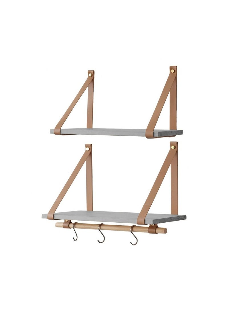 Home Gallery PU Biege Leather Strap Wall Floating Shelves  Gray - Image 2