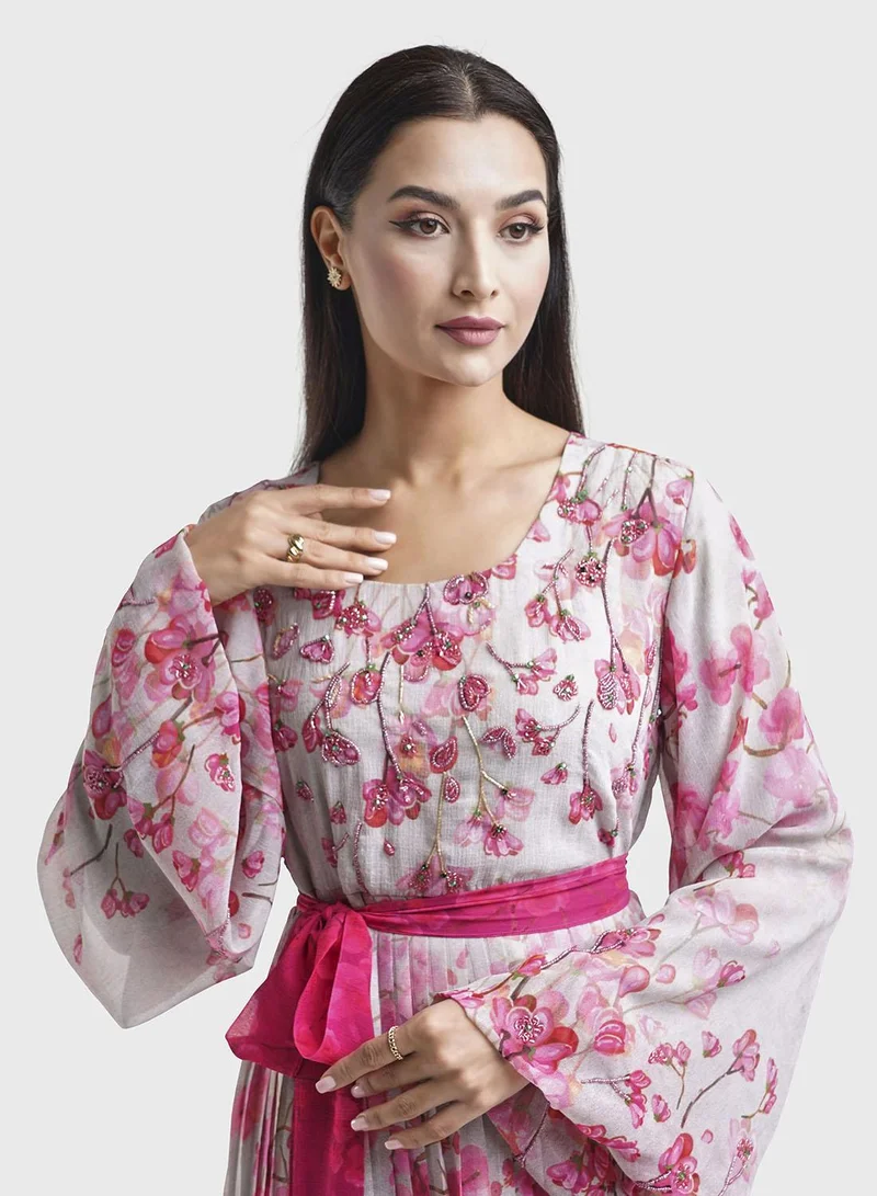 KASHKHA Chiffon Pink Floral Print Frilled Dress (VDM830)