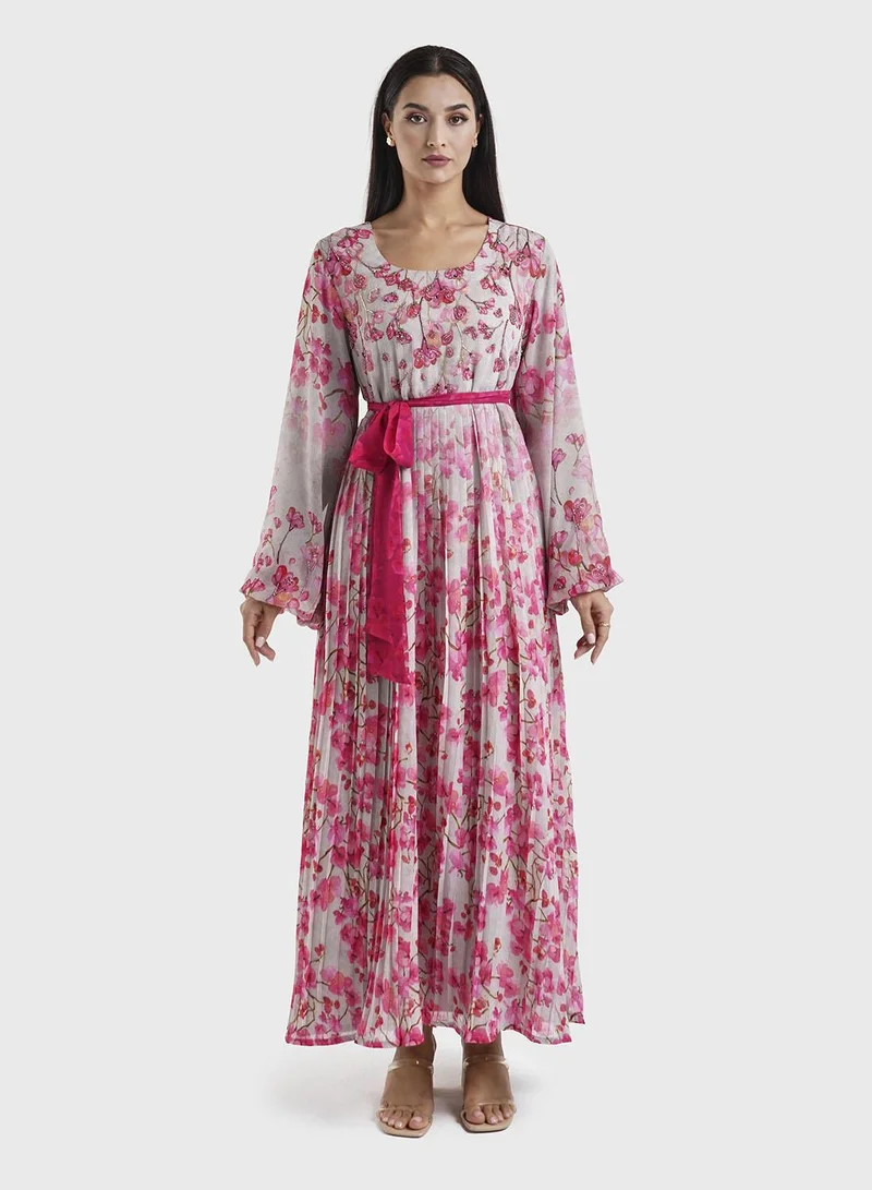 KASHKHA Chiffon Pink Floral Print Frilled Dress (VDM830)