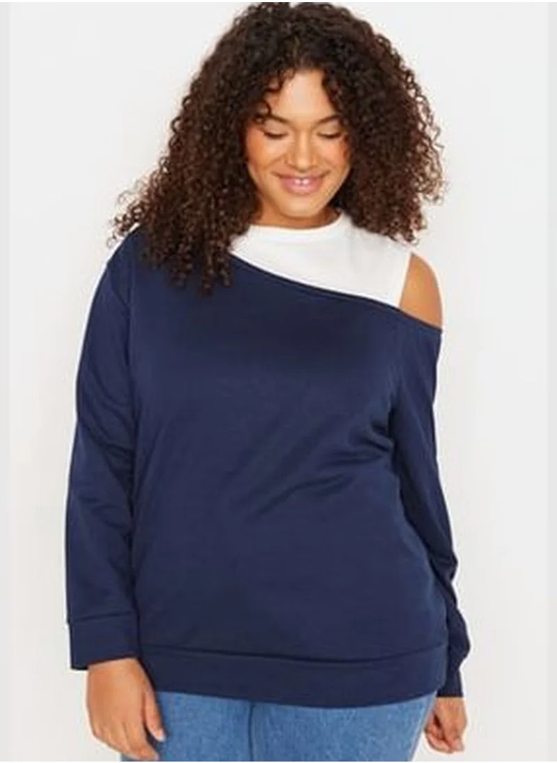 trendyol Navy Blue Crew Neck Shoulder Detailed Knitted Thin Sweatshirt.