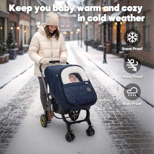 mamatepe Winter Baby Car Seat Cover Waterproof Windproof Warm Winter Car Seat Cover for Doona Car Seats and StrollersFleece Breathable Car Seat Cover Baby with Full Zipper Navy - Image 3