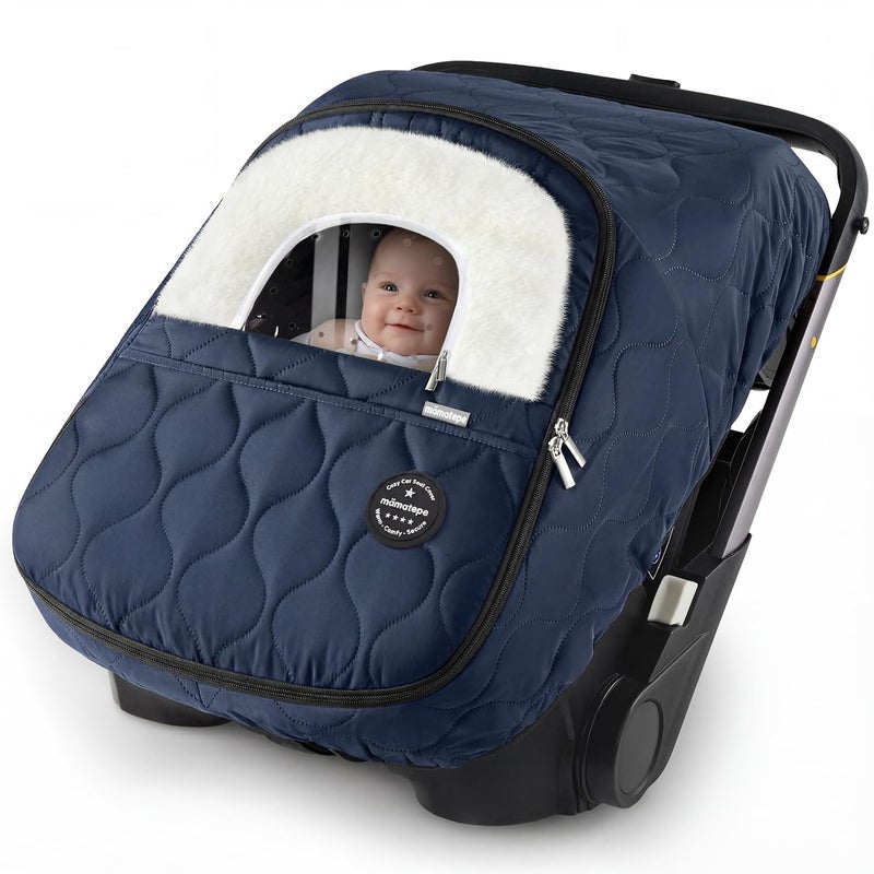 mamatepe Winter Baby Car Seat Cover Waterproof Windproof Warm Winter Car Seat Cover for Doona Car Seats and StrollersFleece Breathable Car Seat Cover Baby with Full Zipper Navy - Image 2