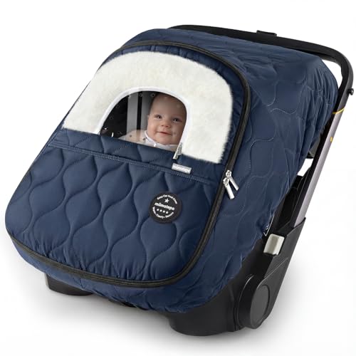 mamatepe Winter Baby Car Seat Cover Waterproof Windproof Warm Winter Car Seat Cover for Doona Car Seats and StrollersFleece Breathable Car Seat Cover Baby with Full Zipper Navy - Image 1