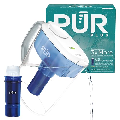 PUR Plus 11-Cup Water Pitcher, 1 Lead-Reducing Filter, Cleaner, Great-tasting Water, Dishwasher Safe, Powerful Filtration, Filter Change Light Indicator, LockFit Cap Design - White - Image 1