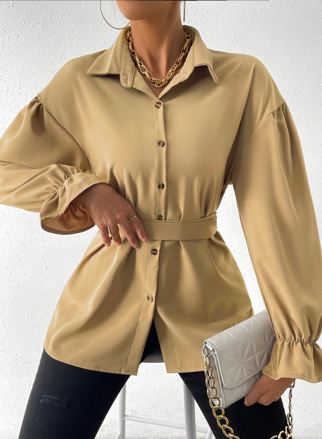 Take Two Solid Drop Shoulder Button Front Belted Shirt - Image 5