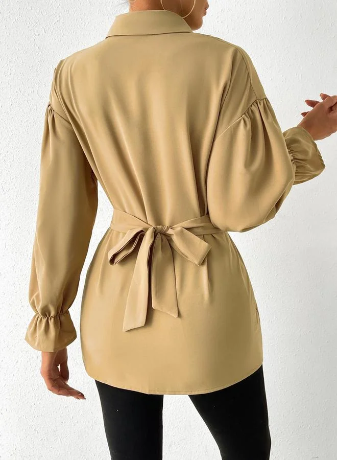 Take Two Take Two Solid Drop Shoulder Button Front Belted Shirt