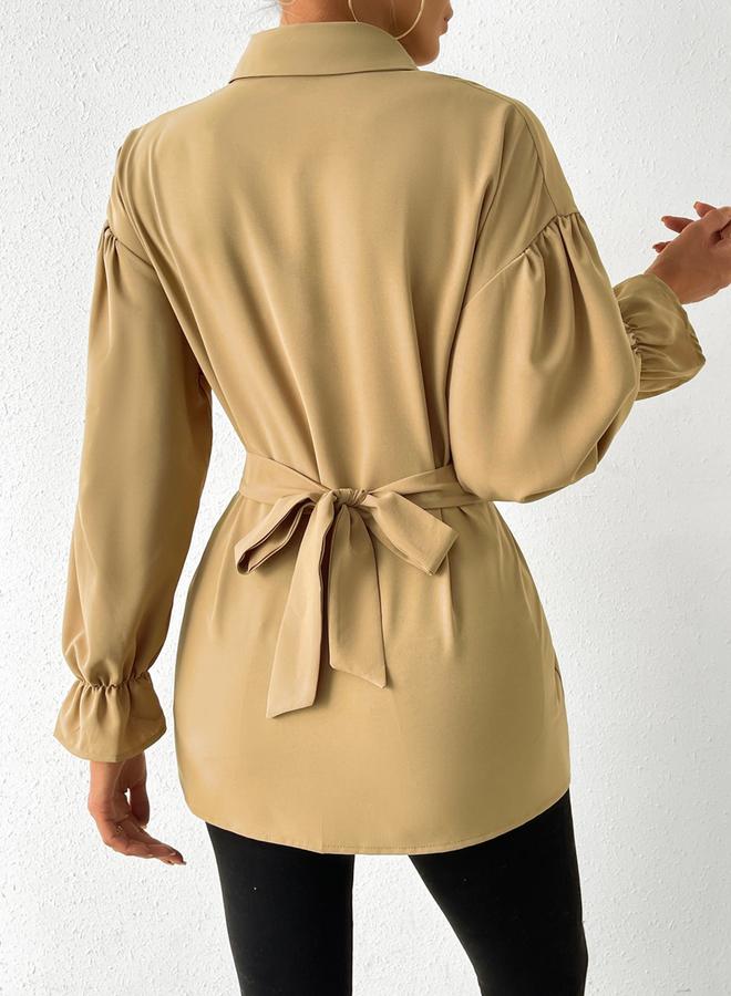 Take Two Solid Drop Shoulder Button Front Belted Shirt - Image 2
