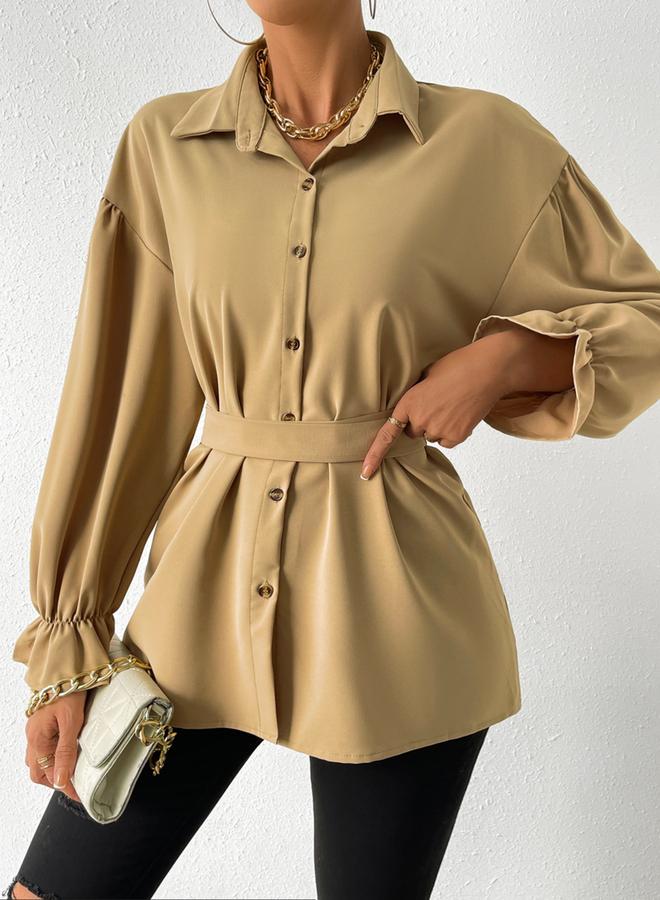 Take Two Solid Drop Shoulder Button Front Belted Shirt - Image 3