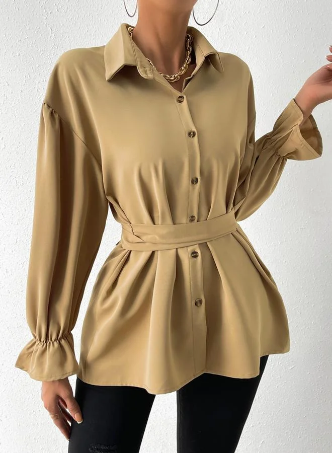 Take Two Take Two Solid Drop Shoulder Button Front Belted Shirt