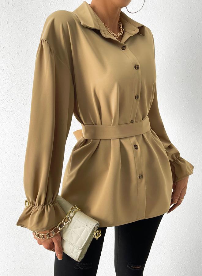 Take Two Solid Drop Shoulder Button Front Belted Shirt - Image 4