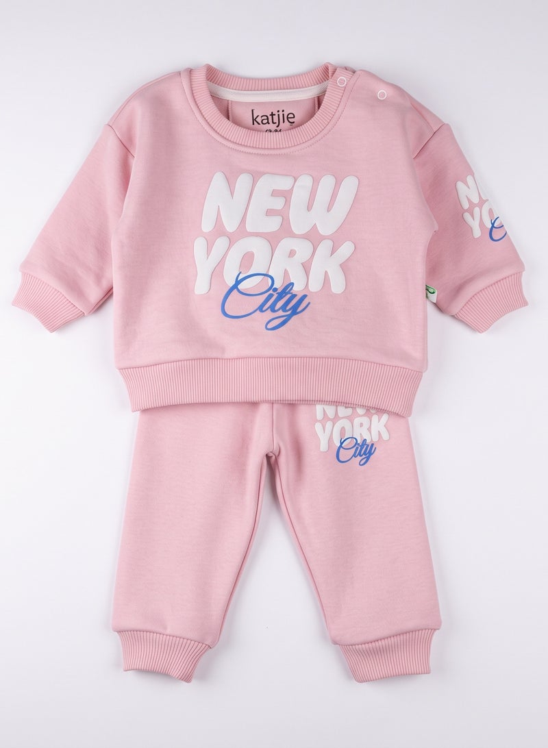 Katjie Baby Toddler Winter Pajama Set - Pink New York City Print 8548 - Image 1