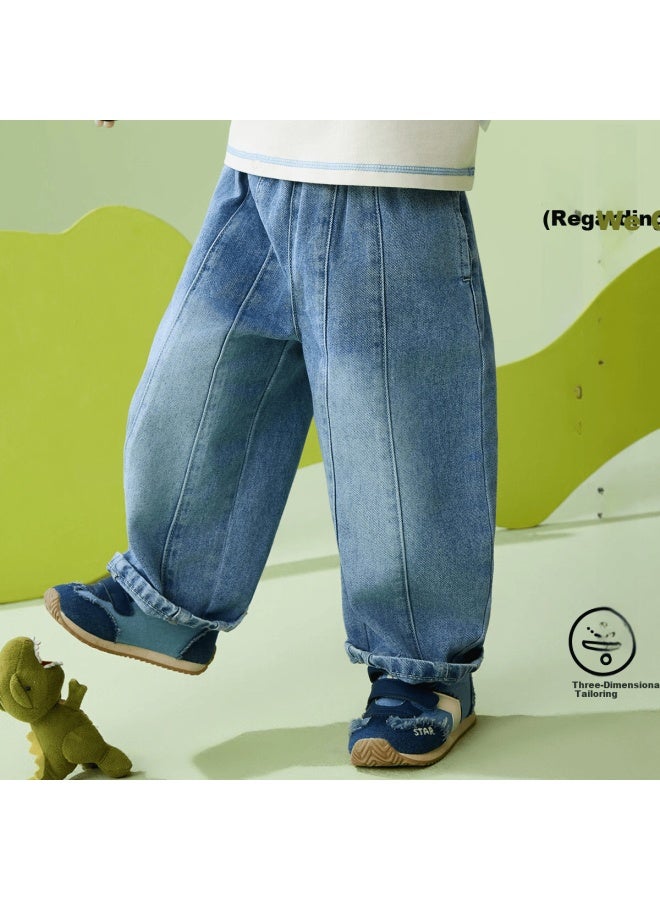 Ask Junior Kids Boys Spring Denim Pants Korean Style Loose Toddler Straight Casual Trousers Blue - Image 1