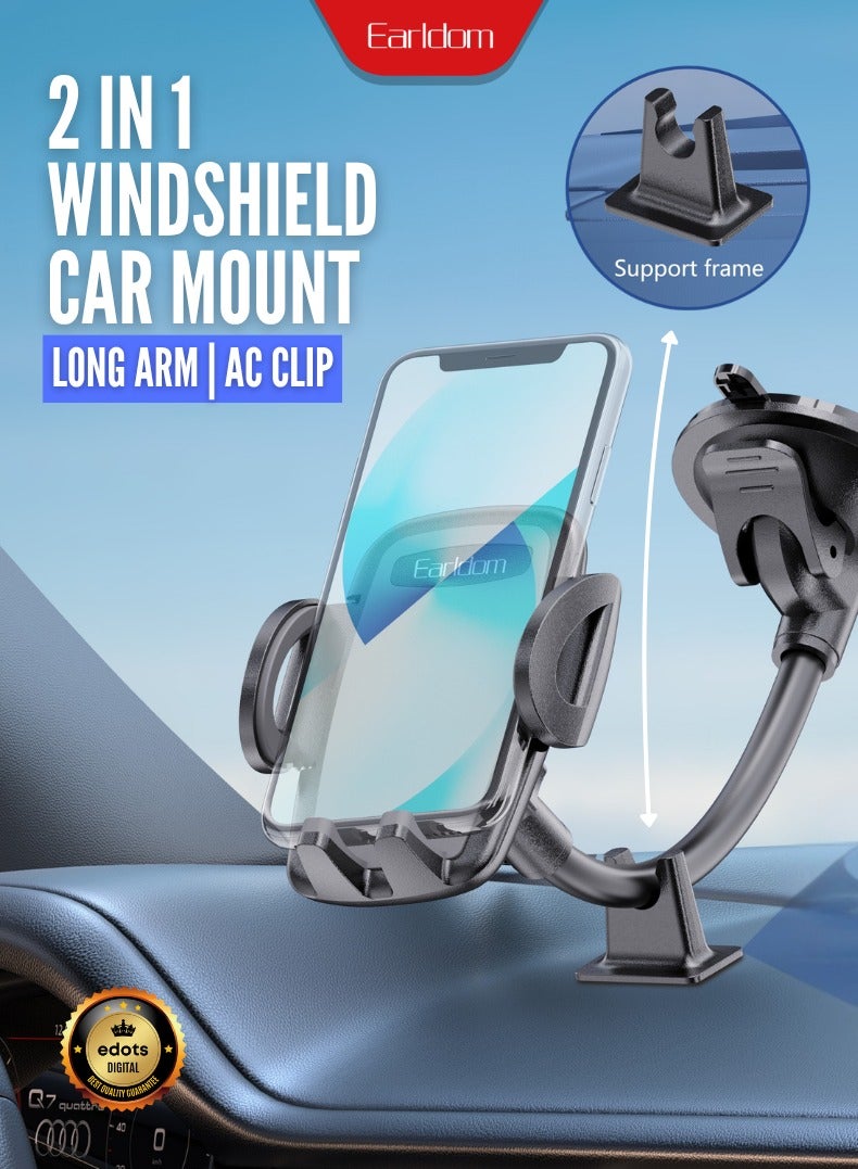 Earldom Dual Car Phone Mount with Long Arm – Windshield & Air Outlet Mount – 360° Rotation – Secure Grip - Image 1