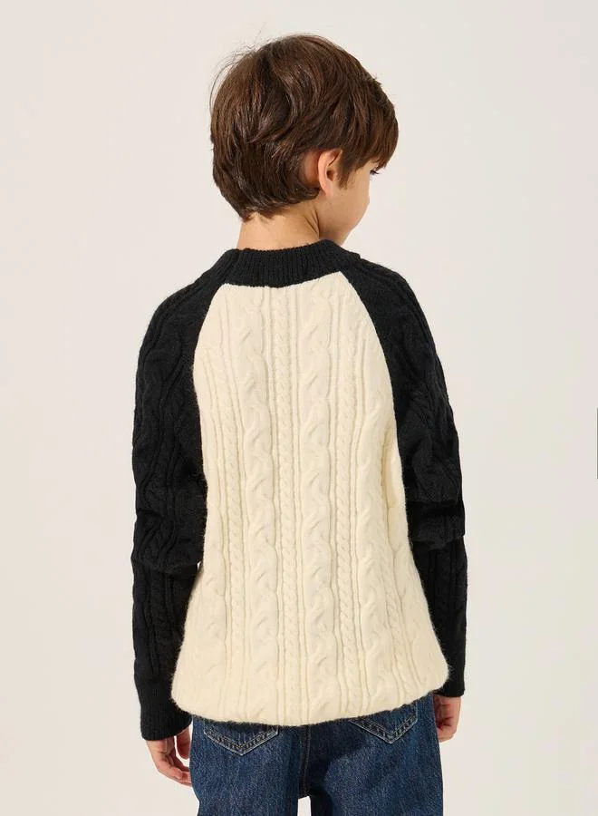 Styli Cable Knit Color Block Reglan Sleeve Sweater