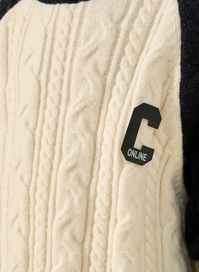 Styli Cable Knit Color Block Reglan Sleeve Sweater