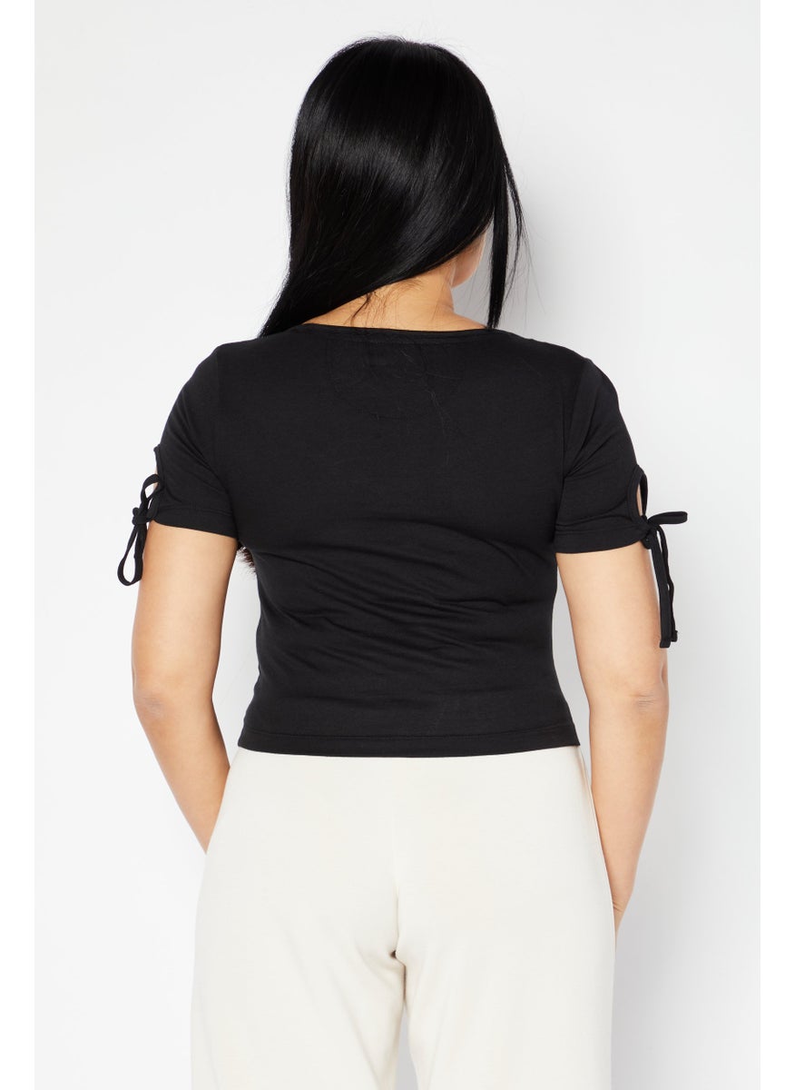 DKNY Jeans - Women Scoope Neck Short Sleeve Brand Logo Top, Black - Image 1