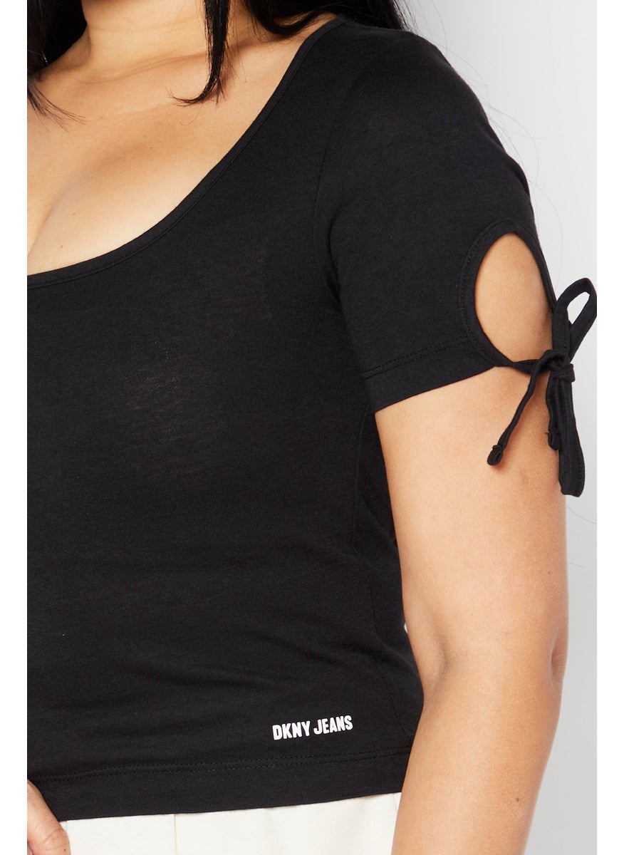 DKNY Jeans - Women Scoope Neck Short Sleeve Brand Logo Top, Black - Image 1