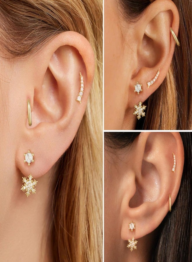 Poxtex Gold Earrings Set for Women, Trendy Hoop Stud Jacket Earring Stack, Daintys Snowflake Jewelry Gifts, Small, Brass, Cubic Zirconia - Image 3