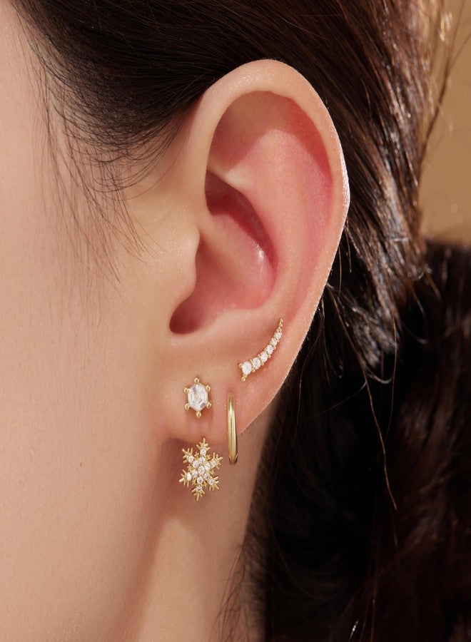Poxtex Gold Earrings Set for Women, Trendy Hoop Stud Jacket Earring Stack, Daintys Snowflake Jewelry Gifts, Small, Brass, Cubic Zirconia - Image 2