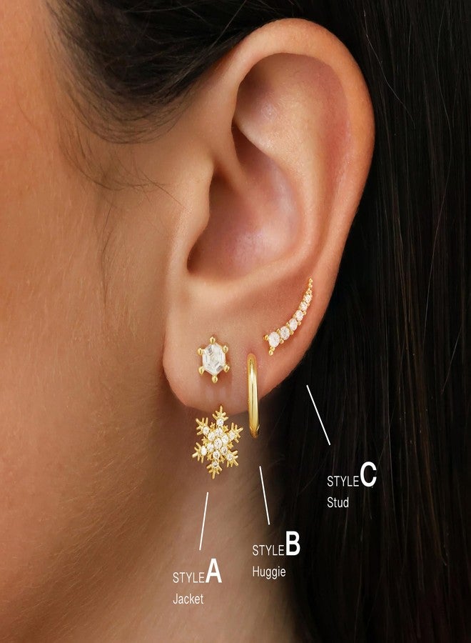 Poxtex Gold Earrings Set for Women, Trendy Hoop Stud Jacket Earring Stack, Daintys Snowflake Jewelry Gifts, Small, Brass, Cubic Zirconia - Image 5