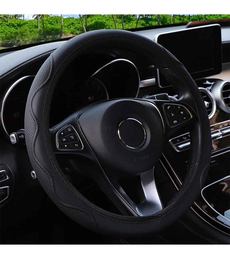 Universal Breathable Faux Leather Steering Wheel Cover In Black For Car SUV Truck Van Non Slip Grip Sweat Resistant Durable Easy To Install Comfort All Seasons Protection For Driving Scenarios - Image 5