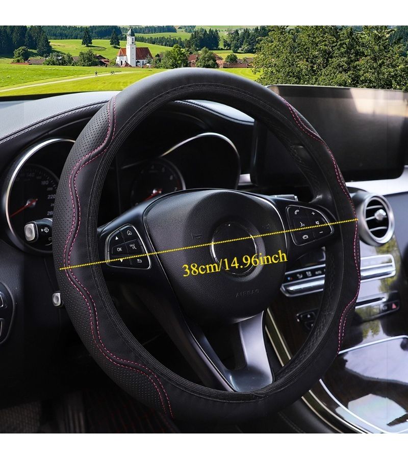 Universal Breathable Faux Leather Steering Wheel Cover In Black For Car SUV Truck Van Non Slip Grip Sweat Resistant Durable Easy To Install Comfort All Seasons Protection For Driving Scenarios - Image 2