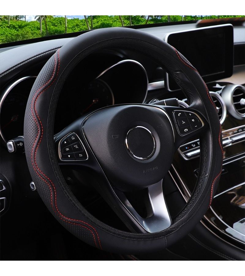 Universal Breathable Faux Leather Steering Wheel Cover In Black For Car SUV Truck Van Non Slip Grip Sweat Resistant Durable Easy To Install Comfort All Seasons Protection For Driving Scenarios - Image 1