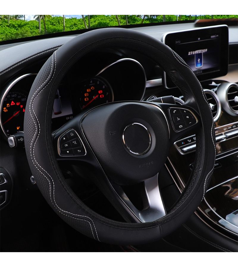 Universal Breathable Faux Leather Steering Wheel Cover In Black For Car SUV Truck Van Non Slip Grip Sweat Resistant Durable Easy To Install Comfort All Seasons Protection For Driving Scenarios - Image 4