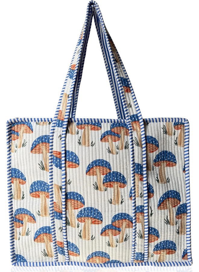 Third Eye Export 100% Cotton Quilted Tote Bag 18x16– Large Zipper Beach Bag & Travel Bag Green Purse Reusable Grocery Bags, White Aria Mushroom Print, 18X16 Inches - Image 1