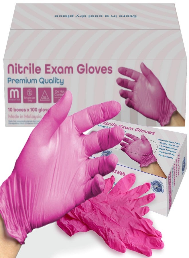 SAFEWAY Pink Nitrile Gloves - Latex-Free, Powder-Free, Disposable Exam Gloves | Ambidextrous, Non-Sterile | Esthetician, Salon, & Beauty Use | Premium 1000 Count Box | Medium - Image 1