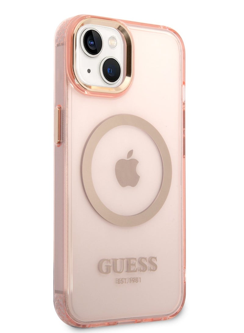GUESS Magsafe Case With Translucent Gold Outline For iPhone 14 Plus - Pink - Image 1