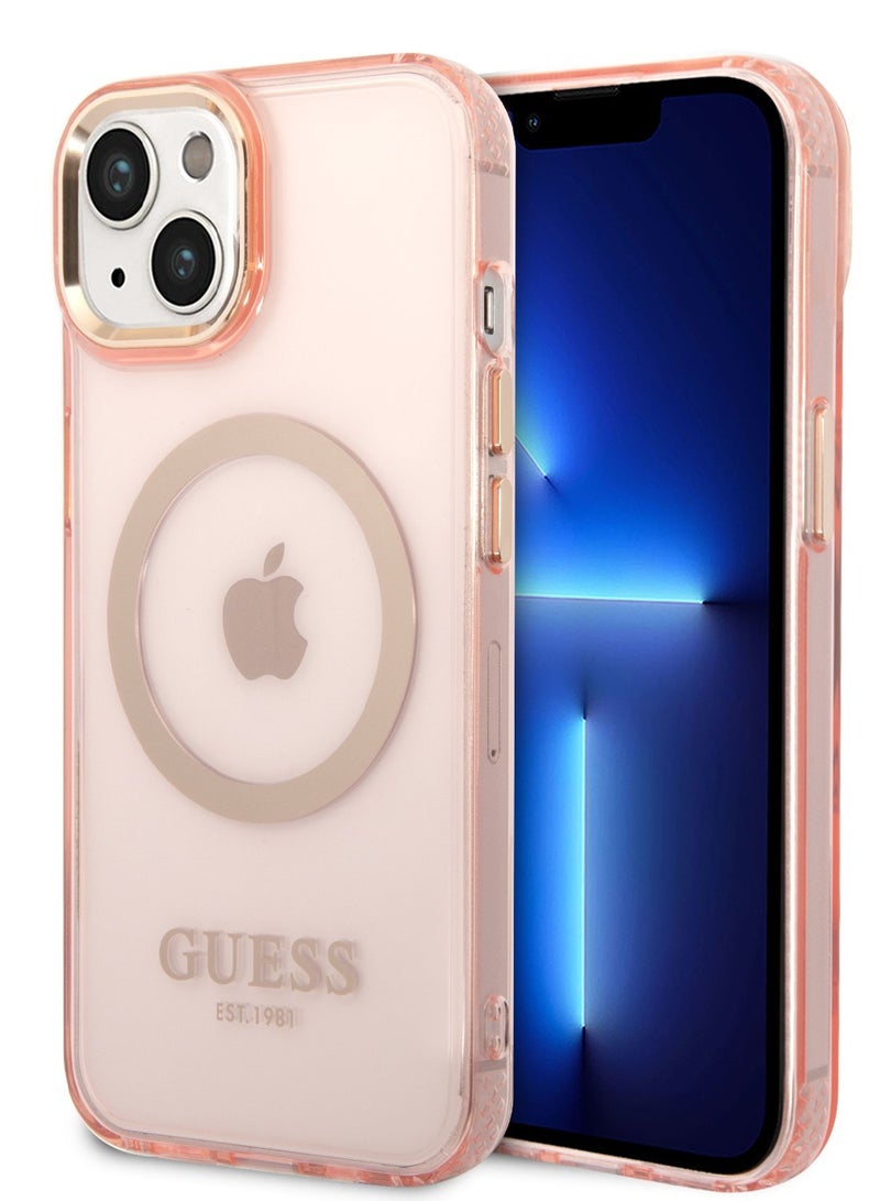 GUESS Magsafe Case With Translucent Gold Outline For iPhone 14 Plus - Pink - Image 5