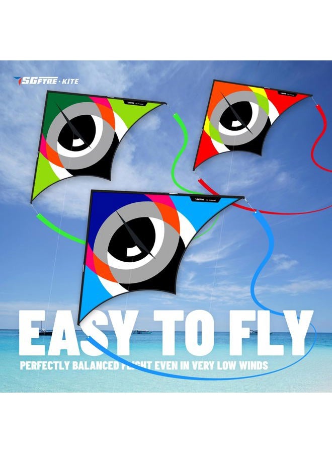 SGftre 3 Piece Set Delta Kites for Kids & Adults，Extremely Easy to Fly，Single Line Beach & Park Kite for Family Outdoor Games & Activities (Eye of The Sky Blue,red,Green) - Image 2