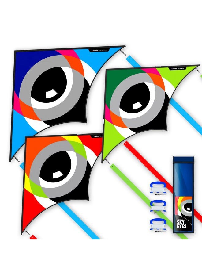 SGftre 3 Piece Set Delta Kites for Kids & Adults，Extremely Easy to Fly，Single Line Beach & Park Kite for Family Outdoor Games & Activities (Eye of The Sky Blue,red,Green) - Image 1